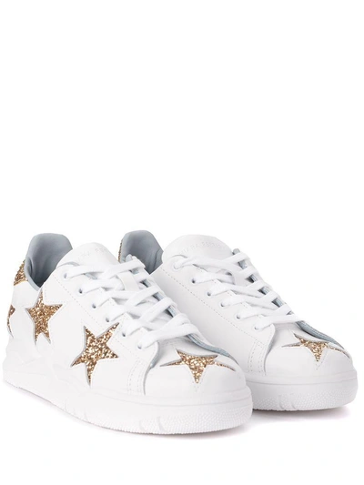 Shop Chiara Ferragni Roger White Leather Sneaker With Golden Glitter Stars In Bianco