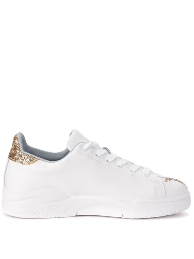 Shop Chiara Ferragni Roger White Leather Sneaker With Golden Glitter Stars In Bianco