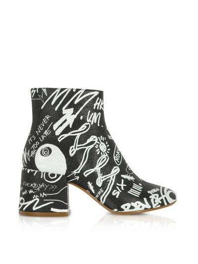 Shop Mm6 Maison Margiela Mm6 Maison Martin Margiela Black Crackled Graffiti Printed Leather Heel Boots