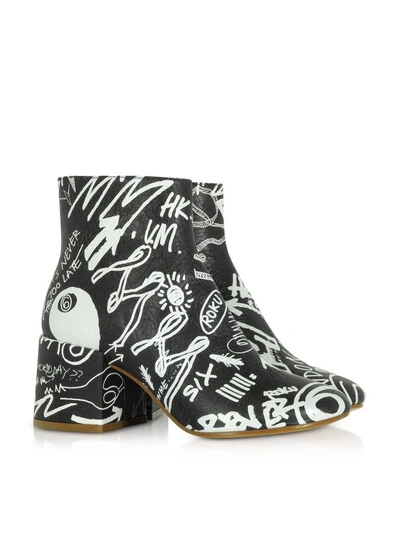 Shop Mm6 Maison Margiela Mm6 Maison Martin Margiela Black Crackled Graffiti Printed Leather Heel Boots