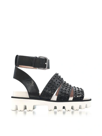 Shop Red Valentino Black Leather Flat Sandals W/studs