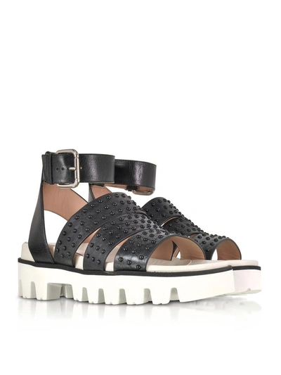 Shop Red Valentino Black Leather Flat Sandals W/studs