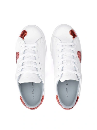 Shop Chiara Ferragni Roger White Leather Sneakers With Glitter Hearts. In Bianco