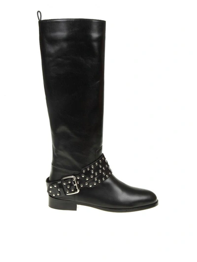 Shop Red Valentino Leather Boot With "flower Puzzle" Strap Black Color