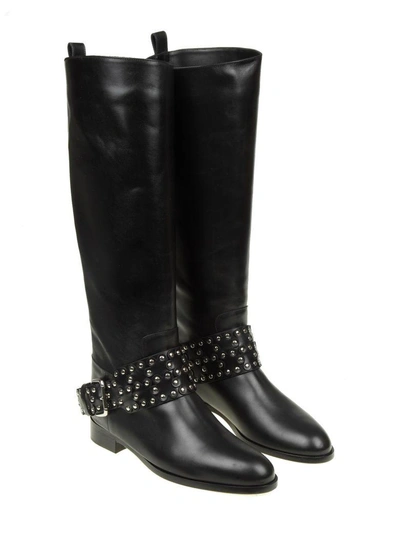 Shop Red Valentino Leather Boot With "flower Puzzle" Strap Black Color