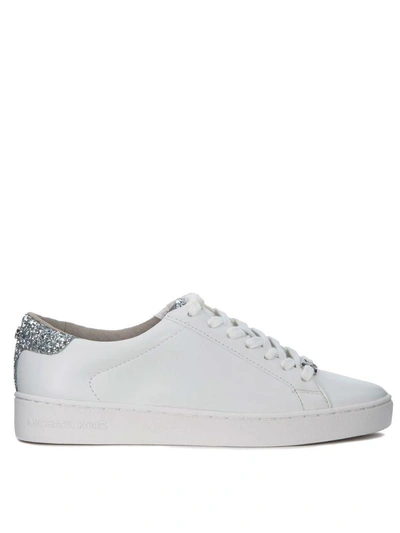 Shop Michael Kors Irving White Leather Sneaker With Silver Glitter Details In Bianco
