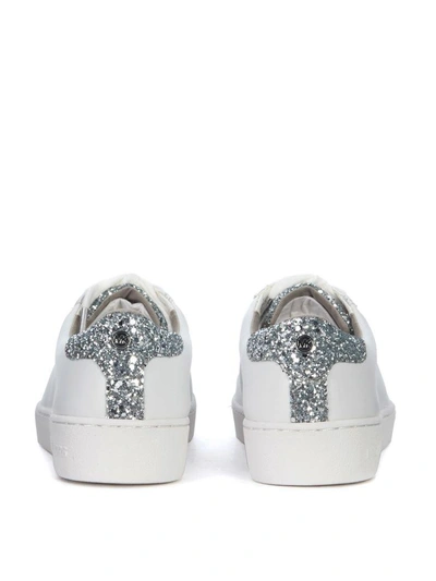 Shop Michael Kors Irving White Leather Sneaker With Silver Glitter Details In Bianco