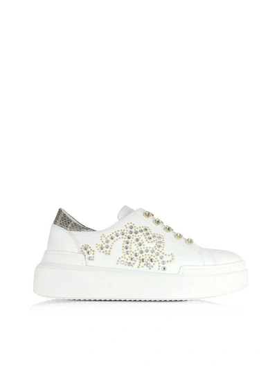 Shop Roberto Cavalli Pure White Leather And Crystals Slip On Sneakers