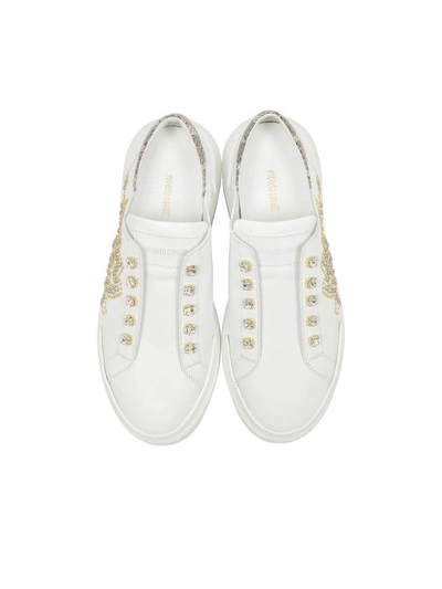 Shop Roberto Cavalli Pure White Leather And Crystals Slip On Sneakers
