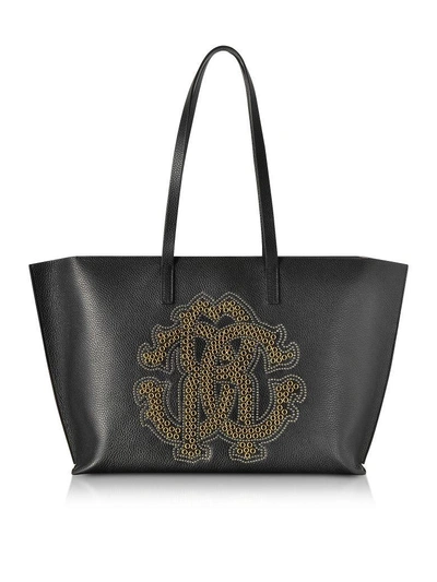 Shop Roberto Cavalli Black Leather Unisex Tote Bag W-gold Studs Rc Logo