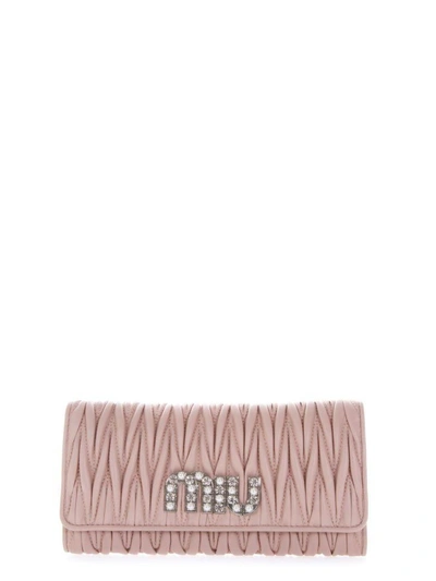 Shop Miu Miu Embellished Logo Quilted Orchid Leather Wallet
