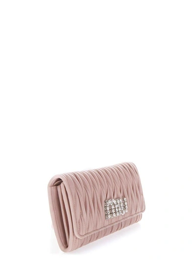 Shop Miu Miu Embellished Logo Quilted Orchid Leather Wallet