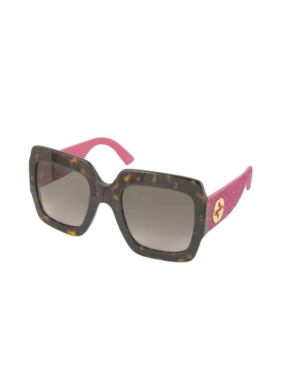 Shop Gucci Gg0053s Optyl Square Womens Sunglasses W-glitter Temples In Havana-fuchsia-shaded Brown