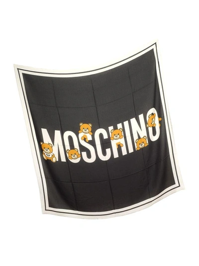 Shop Moschino Black Signature Printed Modal Fringed Wrap