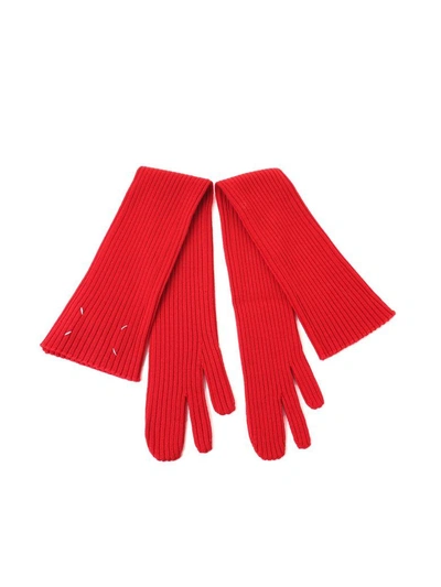 Shop Maison Margiela Ribbed Knit-wool Long Gloves In Rosso