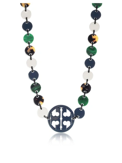 Shop Tory Burch Malachite And Tory Navy Multi Resin Logo Long Necklace In Green