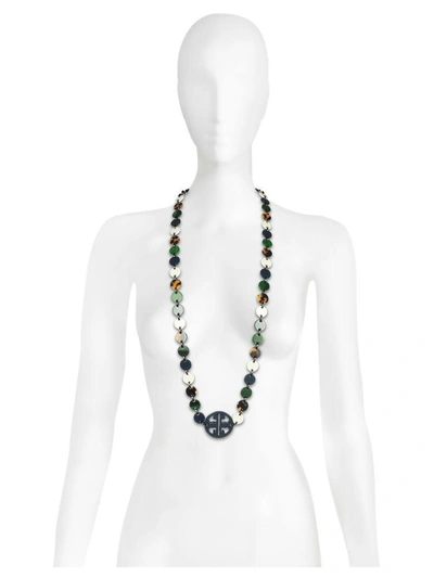 Shop Tory Burch Malachite And Tory Navy Multi Resin Logo Long Necklace In Green