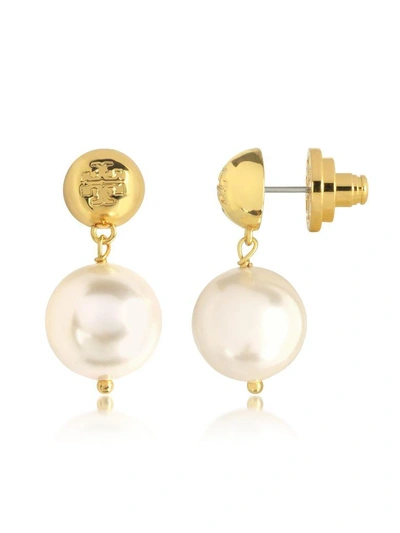 Shop Tory Burch Ivory Crystal Pearl And Tory Gold Brass Drop Earrings