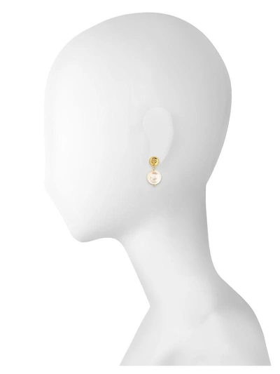 Shop Tory Burch Ivory Crystal Pearl And Tory Gold Brass Drop Earrings