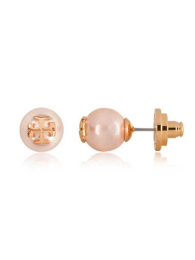 Shop Tory Burch Crystal Pearl Stud Earrings In Rose/rose Gold