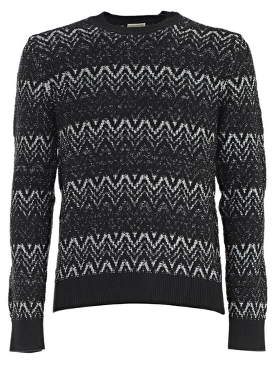 Shop Saint Laurent Zig Zag Embroidered Sweater In Black Silver