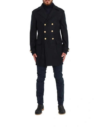 Shop Brian Dales Golden Buttons Coat In Blu