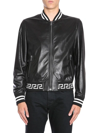 Shop Versace Leather Bomber Jacket In Nero