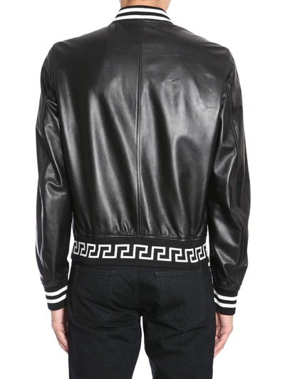 Shop Versace Leather Bomber Jacket In Nero