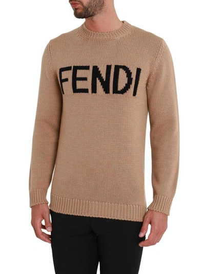 Shop Fendi Lettering Intarsia Sweater In Beige/nero