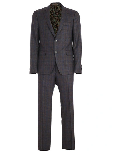 Shop Etro Checked Pattern Suit In Navy Brown