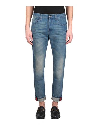 Shop Gucci Web Cotton Denim Jeans In Blu