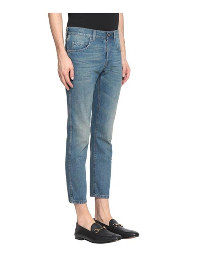 Shop Gucci Tiger Patch Cotton Denim Jeans In Blu