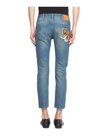 Shop Gucci Tiger Patch Cotton Denim Jeans In Blu