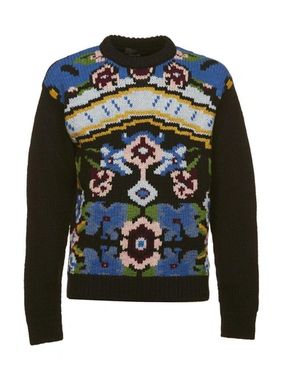 Shop Prada Floral Intarsia Sweater In Nero Multicolor