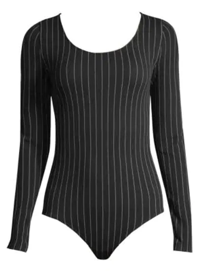 Shop Wolford Muriel Long Sleeve Bodysuit In Pinstripe
