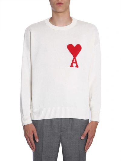 Shop Ami Alexandre Mattiussi Jumper With Ami De Coeur Embroidery In Bianco