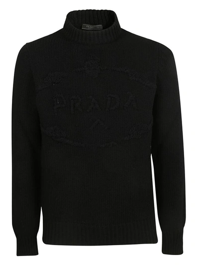Shop Prada Embroidered Logo Knit Jumper In Black