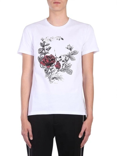 Shop Alexander Mcqueen T-shirt With Rose Print In Bianco