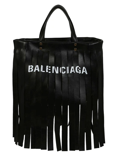 Shop Balenciaga Logo Fringed Tote In Noir Blanc