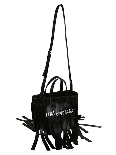 Shop Balenciaga Logo Fringed Tote In Noir Blanc