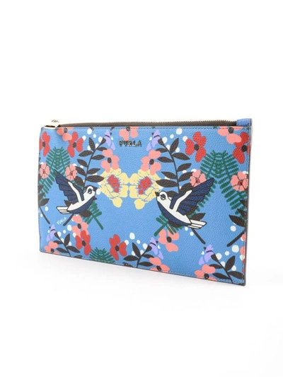 Shop Furla Birds And Floral Print Clutch In Atoni Celeste+onyx