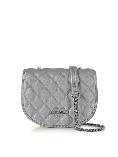 Shop Love Moschino Silver Metallic Quilted Eco-leather Crossbody Bag