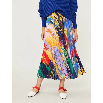 Shop Mary Katrantzou Uni Pleated Satin Midi Skirt In Paint Splash