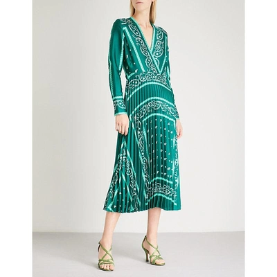Shop Sandro Pleated Printed Satin-twill Midi Dress In Green