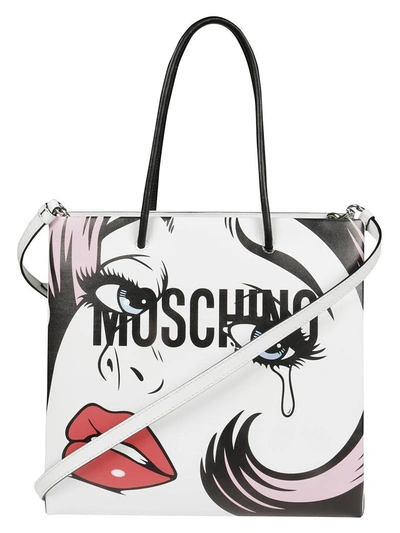 Shop Moschino Face & Logo Tote In White/multicolored