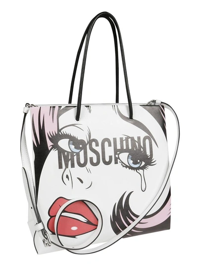 Shop Moschino Face & Logo Tote In White/multicolored