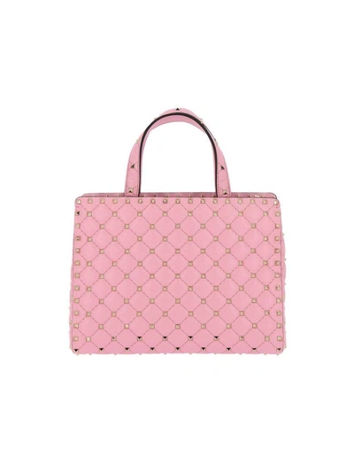 Shop Valentino Handbag  Rockstud Spike Shopping Bag In Genuine Quilted Leather With Double Handles And Rem In Pink