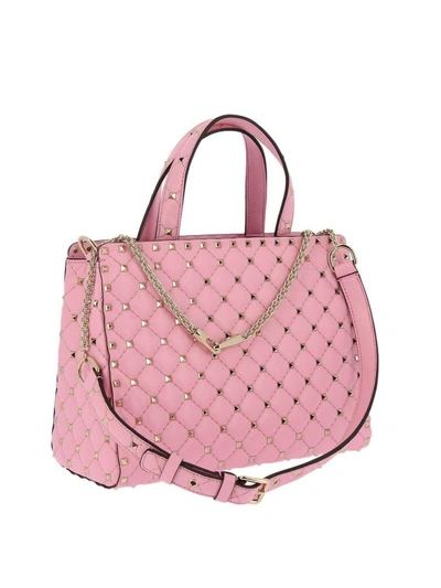 Shop Valentino Handbag  Rockstud Spike Shopping Bag In Genuine Quilted Leather With Double Handles And Rem In Pink