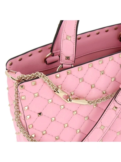 Shop Valentino Handbag  Rockstud Spike Shopping Bag In Genuine Quilted Leather With Double Handles And Rem In Pink