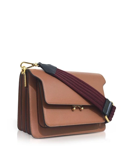 Shop Marni Leather Trunk Shoulder Bag W/canvas Strap In Brown